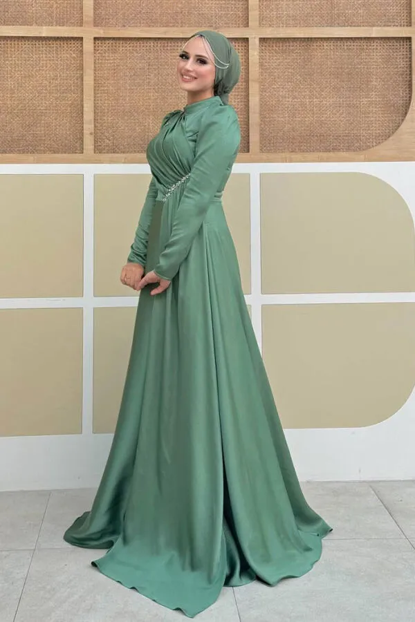Saten Taş Detaylı Abiye 7016 Mint - 3