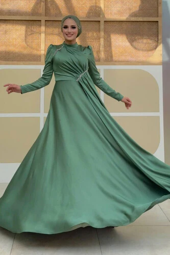 Saten Taş Detaylı Abiye 7016 Mint - 4