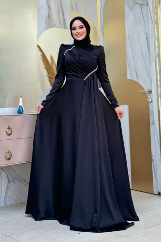 Saten Taş Detaylı Abiye 7016 Siyah - 1