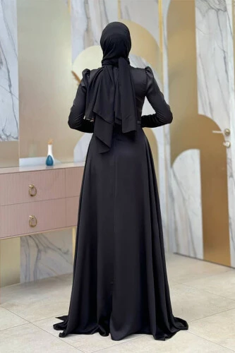 Saten Taş Detaylı Abiye 7016 Siyah - Bym Fashion (1)