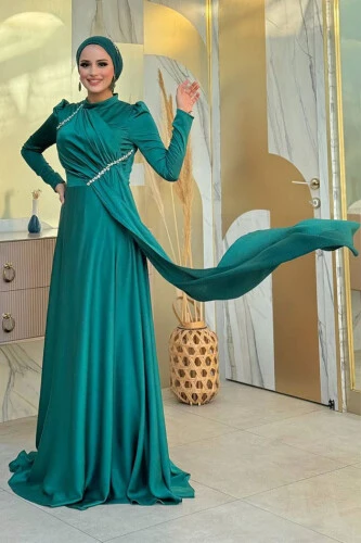 Saten Taş Detaylı Abiye 7016 Zümrüt - Bym Fashion (1)