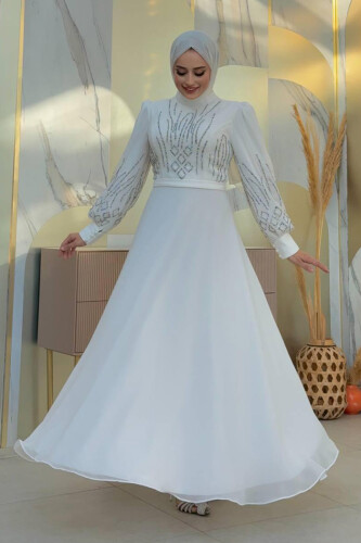 Taş Detaylı Abiye Elbise 7022 Ekru - Bym Fashion