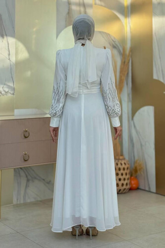 Taş Detaylı Abiye Elbise 7022 Ekru - Bym Fashion (1)