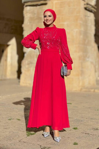 Taş Detaylı Abiye Elbise 7022 Kırmızı - Bym Fashion