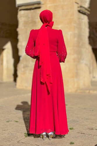 Taş Detaylı Abiye Elbise 7022 Kırmızı - Bym Fashion (1)
