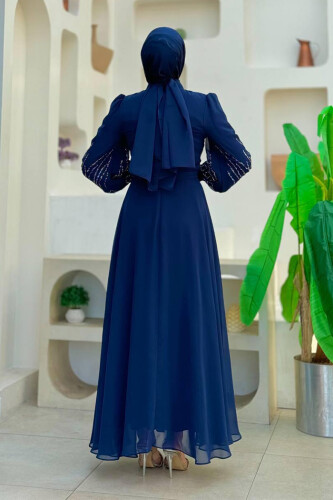 Taş Detaylı Abiye Elbise 7022 Lacivert - Bym Fashion (1)