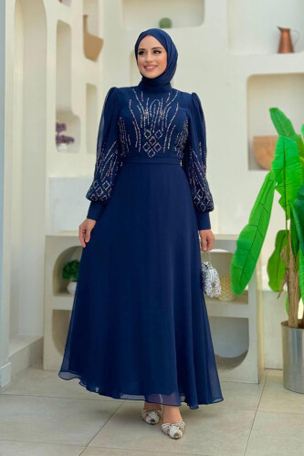 Taş Detaylı Abiye Elbise 7022 Lacivert - Bym Fashion