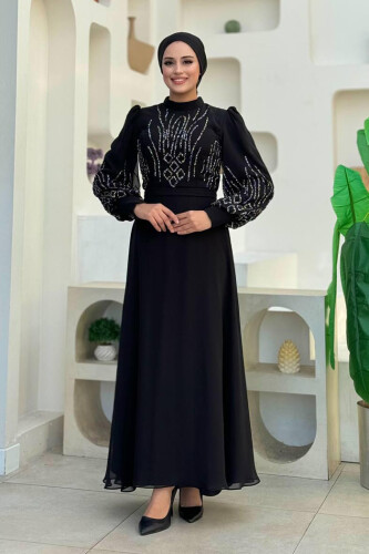 Taş Detaylı Abiye Elbise 7022 Siyah - Bym Fashion