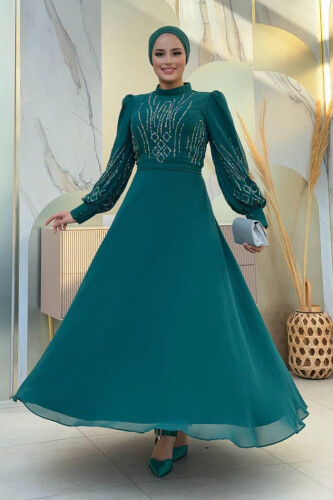 Taş Detaylı Abiye Elbise 7022 Zümrüt - Bym Fashion