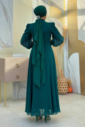 Taş Detaylı Abiye Elbise 7022 Zümrüt - Bym Fashion (1)