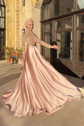 Kuyruk Detay Taş İşlemeli Abiye Elbise 7025 Gold - Bym Fashion (1)