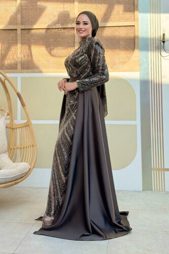 Kuyruk Detay Taş İşlemeli Abiye Elbise 7025 Haki - Bym Fashion (1)