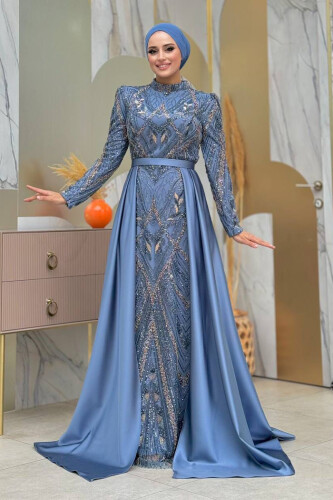 Kuyruk Detay Taş İşlemeli Abiye Elbise 7025 İndigo - Bym Fashion