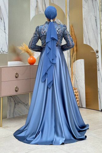 Kuyruk Detay Taş İşlemeli Abiye Elbise 7025 İndigo - Bym Fashion (1)