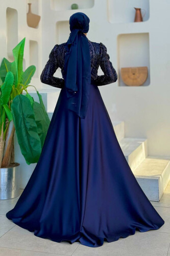 Kuyruk Detay Taş İşlemeli Abiye Elbise 7025 Lacivert - Bym Fashion (1)