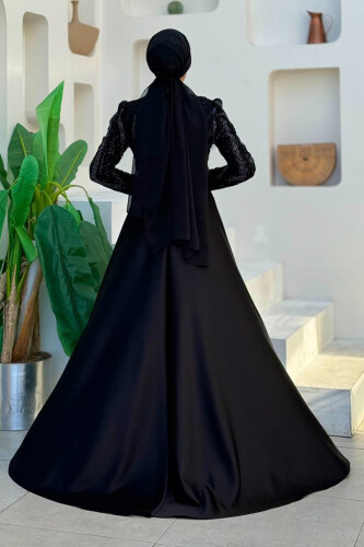 Kuyruk Detay Taş İşlemeli Abiye Elbise 7025 Siyah - Bym Fashion (1)