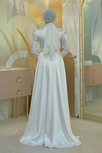 Taş Detaylı Saten Abiye 7027 Ekru - Bym Fashion (1)