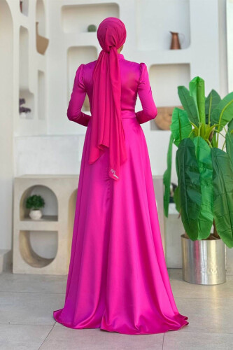 Taş Detaylı Saten Abiye 7027 Fuşya - Bym Fashion (1)