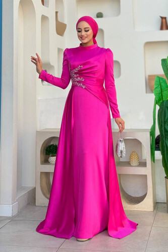 Taş Detaylı Saten Abiye 7027 Fuşya - Bym Fashion