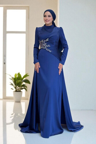 Taş Detaylı Saten Abiye 7027 Lacivert - Bym Fashion