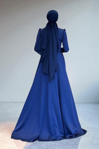 Taş Detaylı Saten Abiye 7027 Lacivert - Bym Fashion (1)