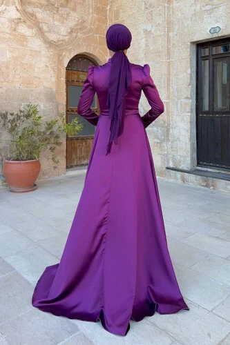 Taş Detaylı Saten Abiye 7027 Mürdüm - Bym Fashion (1)