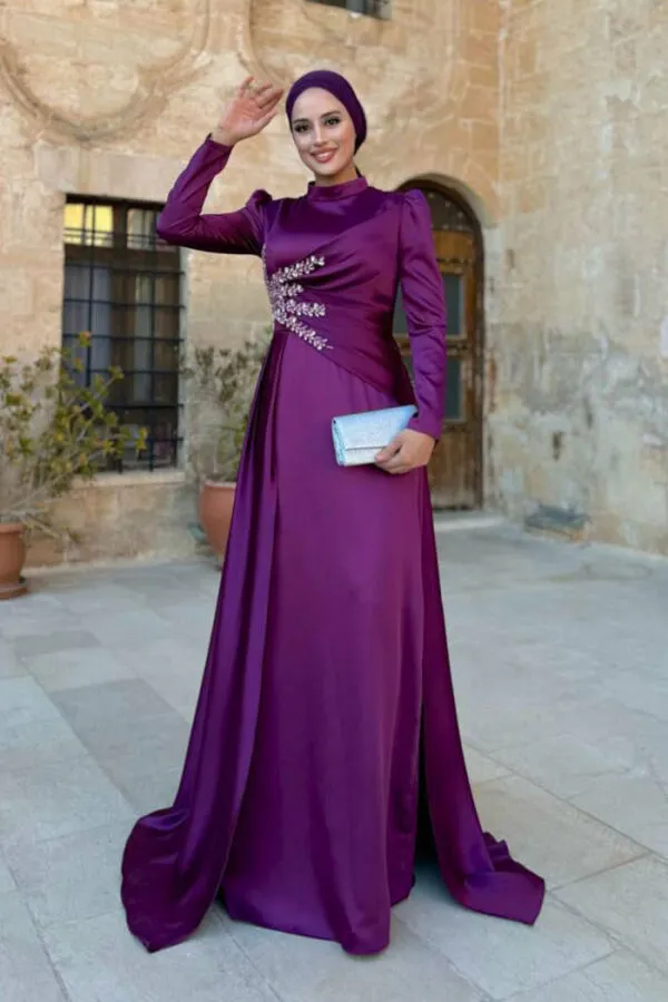 Taş Detaylı Saten Abiye 7027 Mürdüm - 1