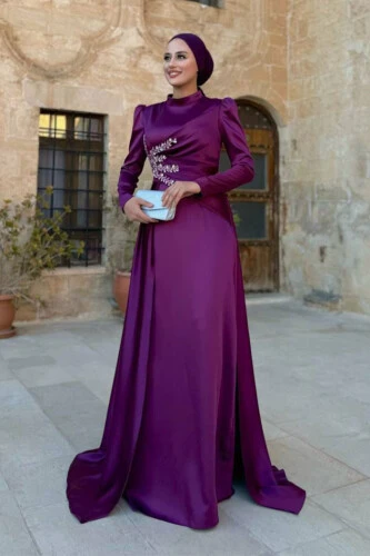 Taş Detaylı Saten Abiye 7027 Mürdüm - 3