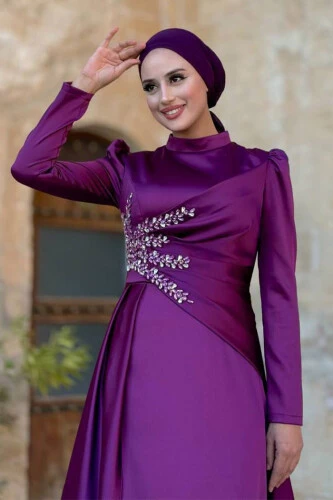 Taş Detaylı Saten Abiye 7027 Mürdüm - 4