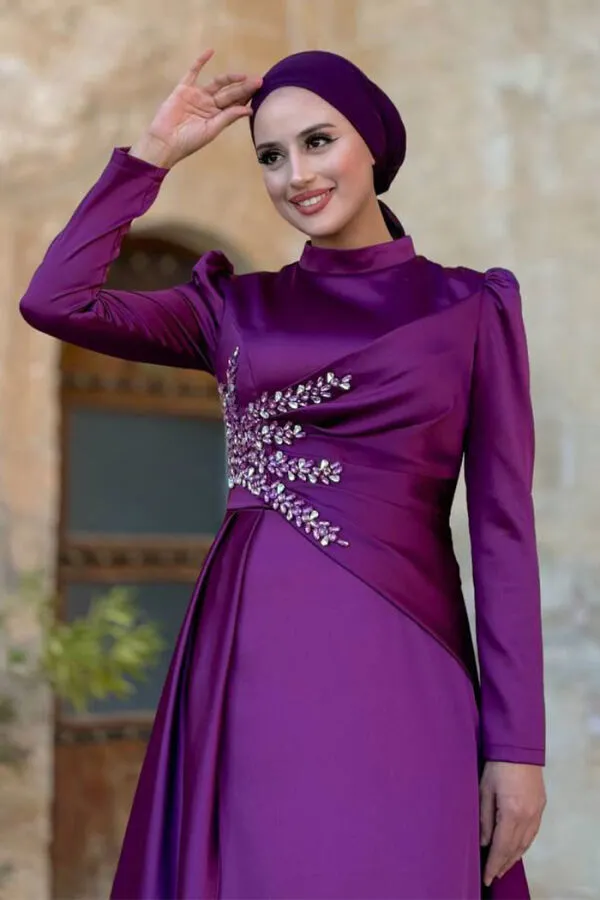 Taş Detaylı Saten Abiye 7027 Mürdüm - 4