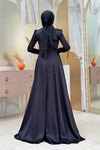 Taş Detaylı Saten Abiye 7027 Siyah - Bym Fashion (1)