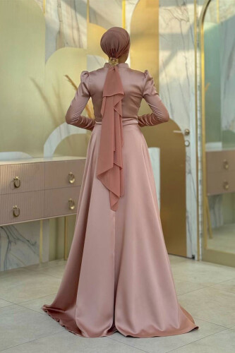 Taş Detaylı Saten Abiye 7027 Vizon - Bym Fashion (1)