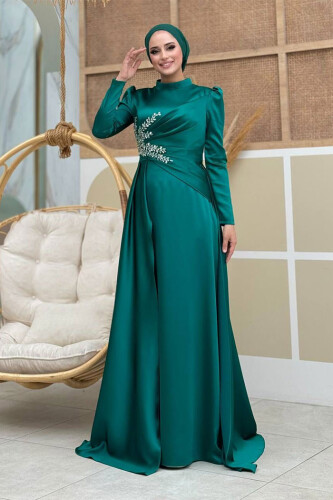 Taş Detaylı Saten Abiye 7027 Zümrüt - Bym Fashion