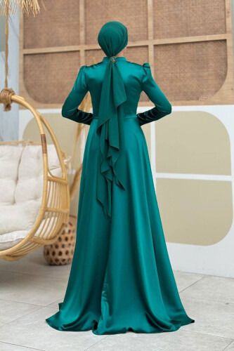 Taş Detaylı Saten Abiye 7027 Zümrüt - Bym Fashion (1)