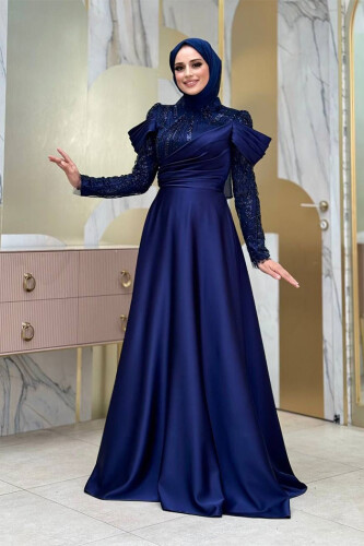 Omuz Detay Taş İşlemeli Ferace 7030 Lacivert - Bym Fashion