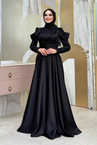 Omuz Detay Taş İşlemeli Ferace 7030 Siyah - Bym Fashion