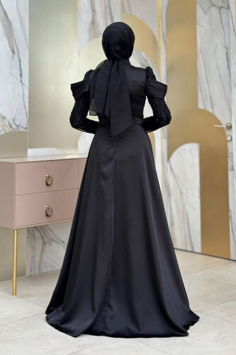 Omuz Detay Taş İşlemeli Ferace 7030 Siyah - Bym Fashion (1)