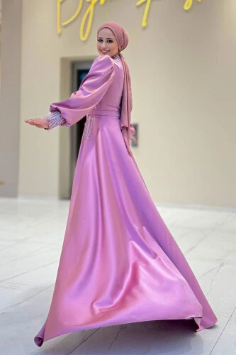 Taşlı Kuyruk Detay Abiye Elbise 7044 Gül Kurusu - Bym Fashion (1)