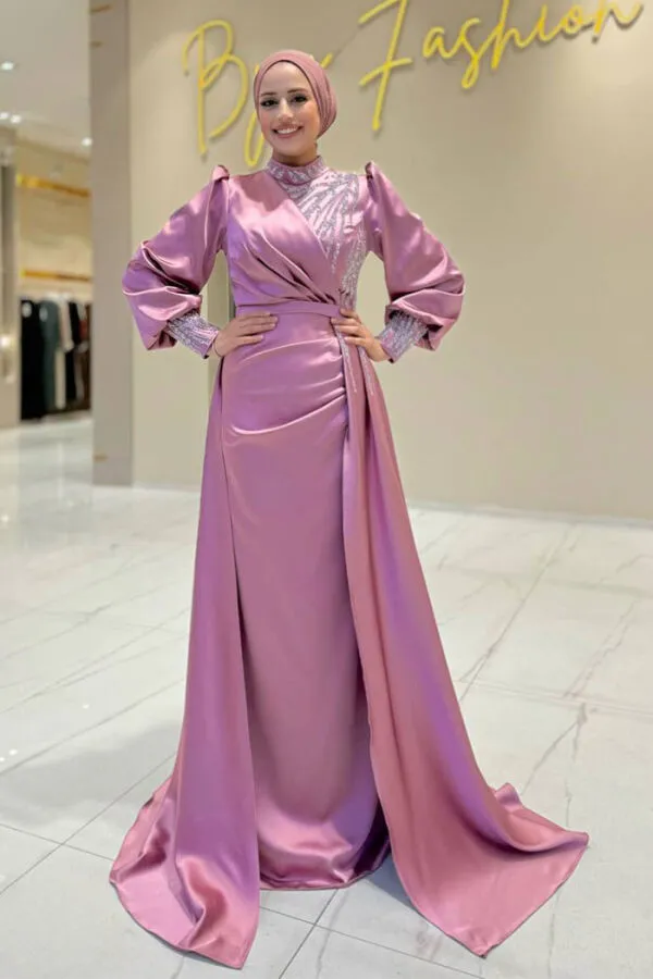 Taşlı Kuyruk Detay Abiye Elbise 7044 Gül Kurusu - 1