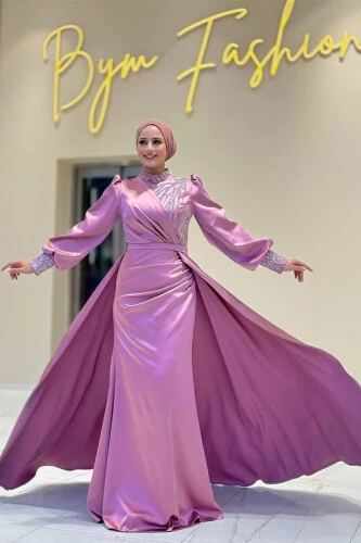 Taşlı Kuyruk Detay Abiye Elbise 7044 Gül Kurusu - 3