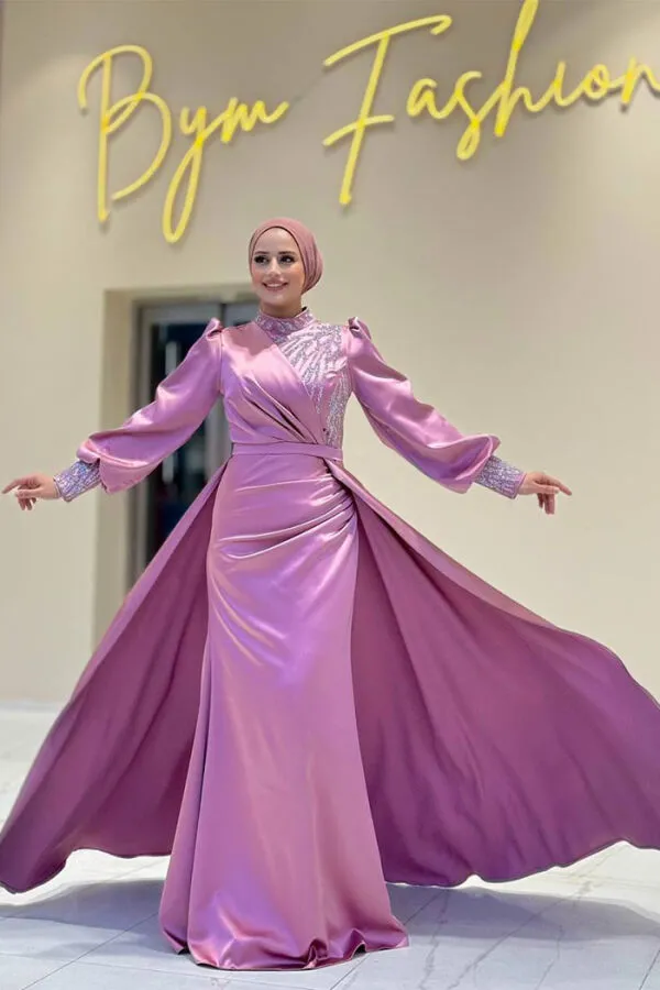 Taşlı Kuyruk Detay Abiye Elbise 7044 Gül Kurusu - 3