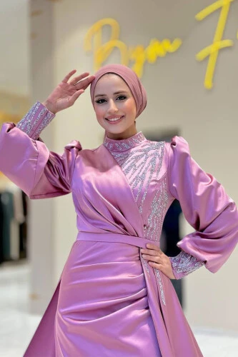 Taşlı Kuyruk Detay Abiye Elbise 7044 Gül Kurusu - 4