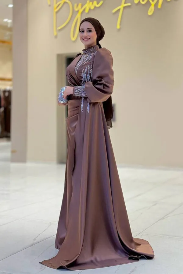 Taşlı Kuyruk Detay Abiye Elbise 7044 Kahverengi - 3