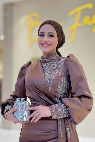 Taşlı Kuyruk Detay Abiye Elbise 7044 Kahverengi - 4