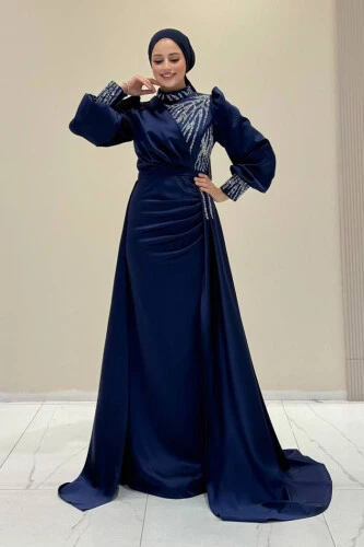 Taşlı Kuyruk Detay Abiye Elbise 7044 Lacivert - 1