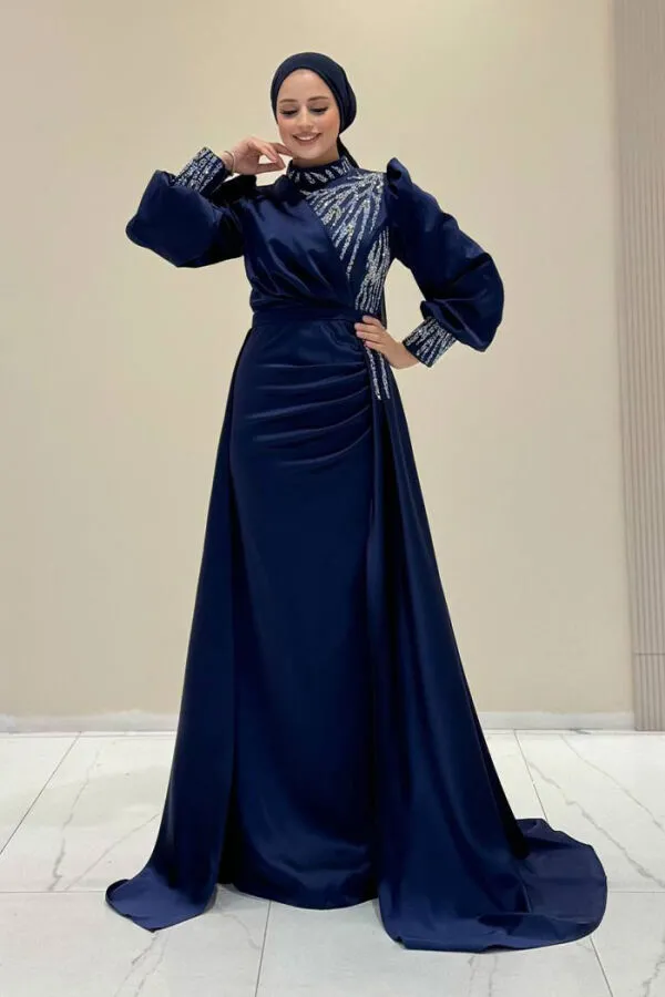 Taşlı Kuyruk Detay Abiye Elbise 7044 Lacivert - 1