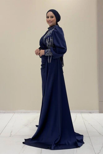 Taşlı Kuyruk Detay Abiye Elbise 7044 Lacivert - 3