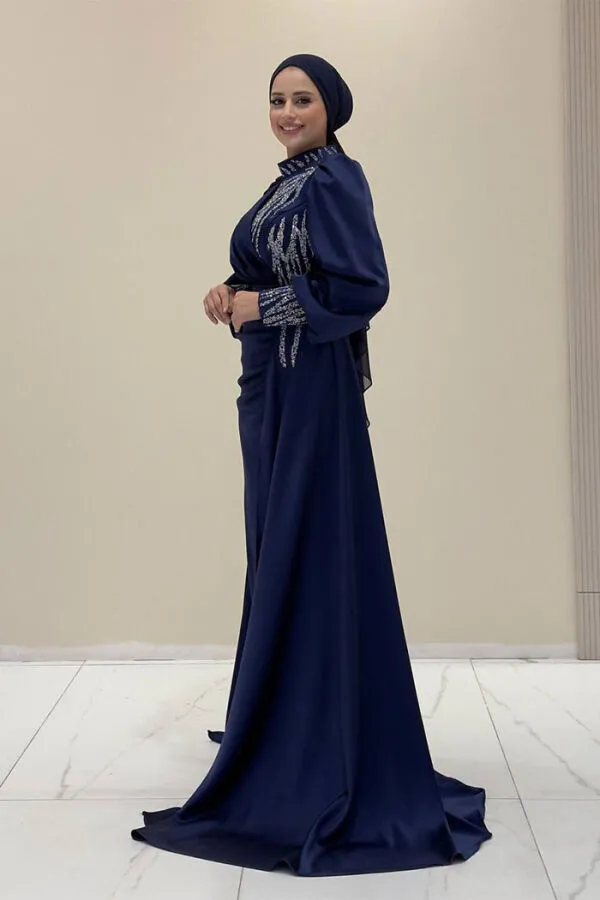 Taşlı Kuyruk Detay Abiye Elbise 7044 Lacivert - 3