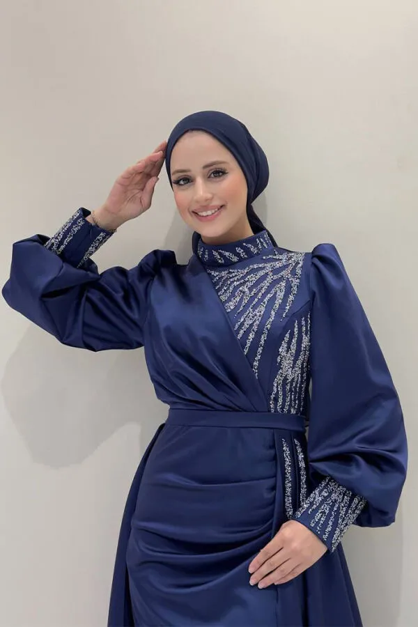Taşlı Kuyruk Detay Abiye Elbise 7044 Lacivert - 4