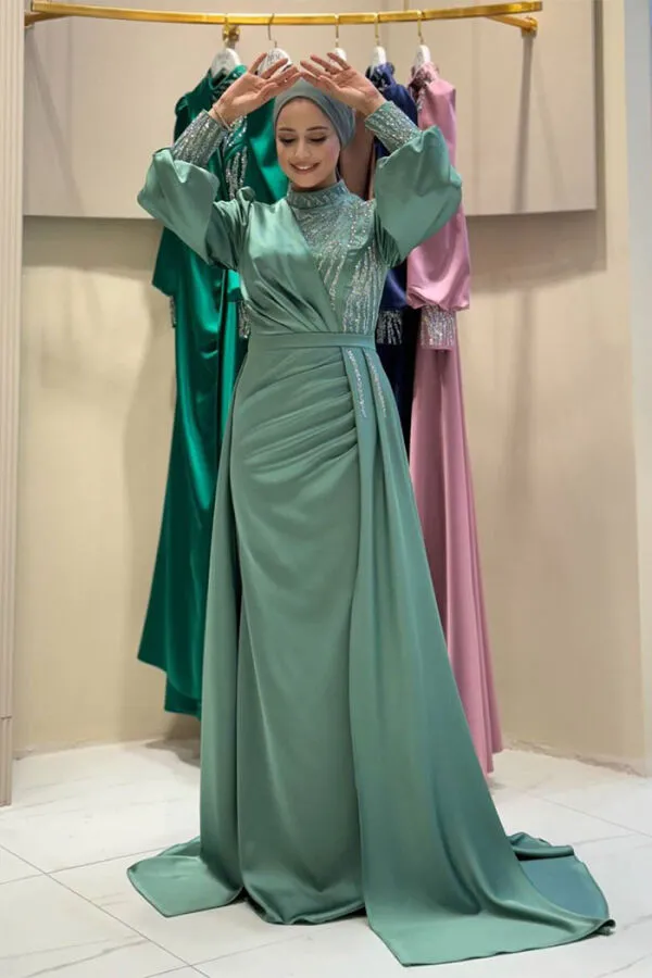 Taşlı Kuyruk Detay Abiye Elbise 7044 Mint - 1